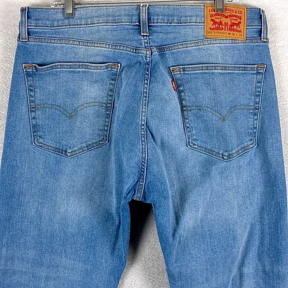 Levis 506 Jeans Men 36x30 Faded Whiskered Straight Leg Classic Preppy